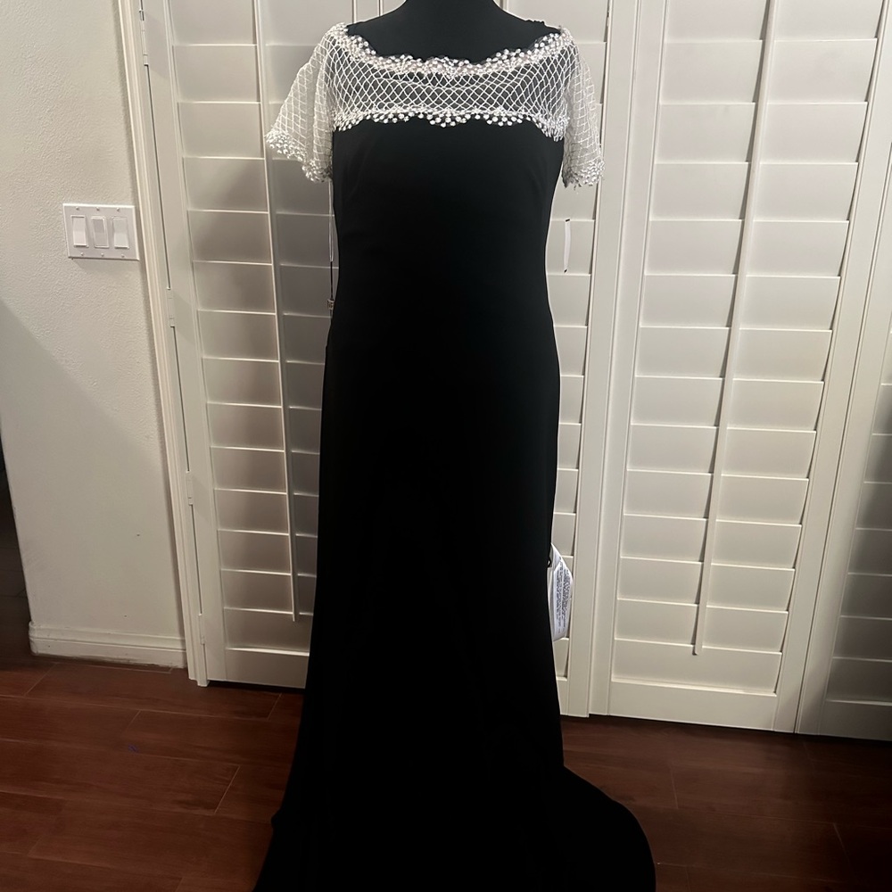 Elegant new Tadashi Shoji Evening Gown with White Lace, maxi with short sleeves